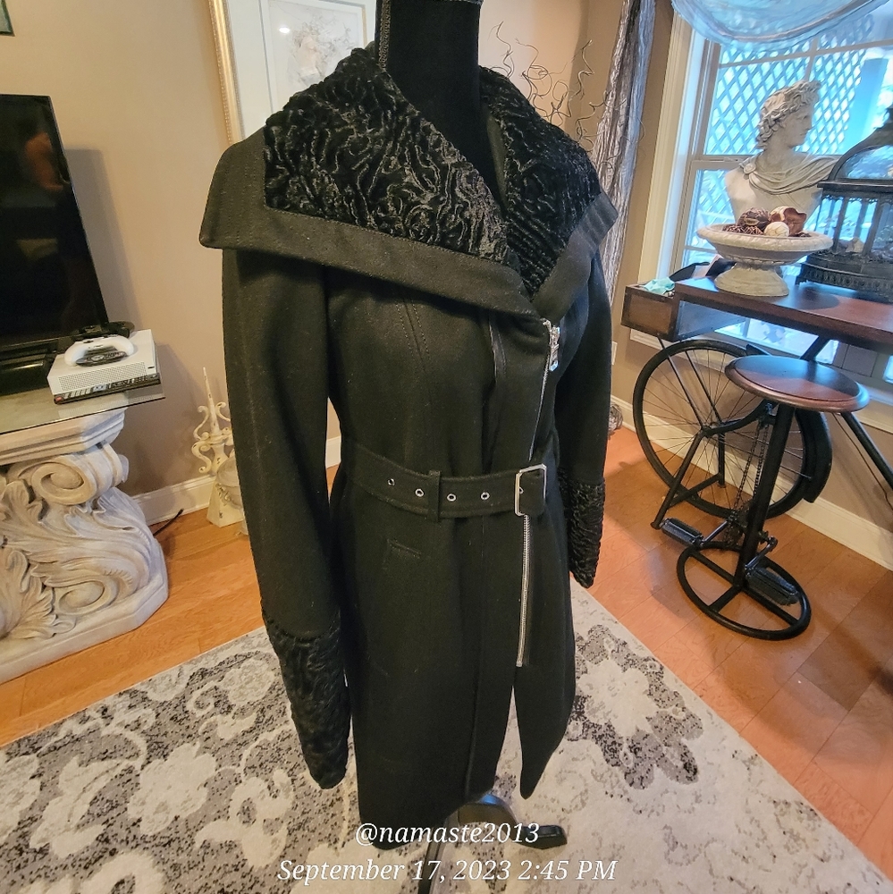 Guess Wool Blend Pea Coat Faux Fur Trim Black Size Small #506